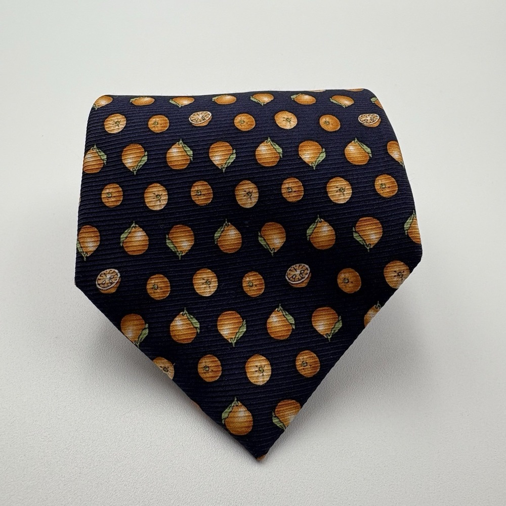 Vintage Brooks Basics Mens Tie Navy Blue Orange Fruit Print Pure Silk USA Made